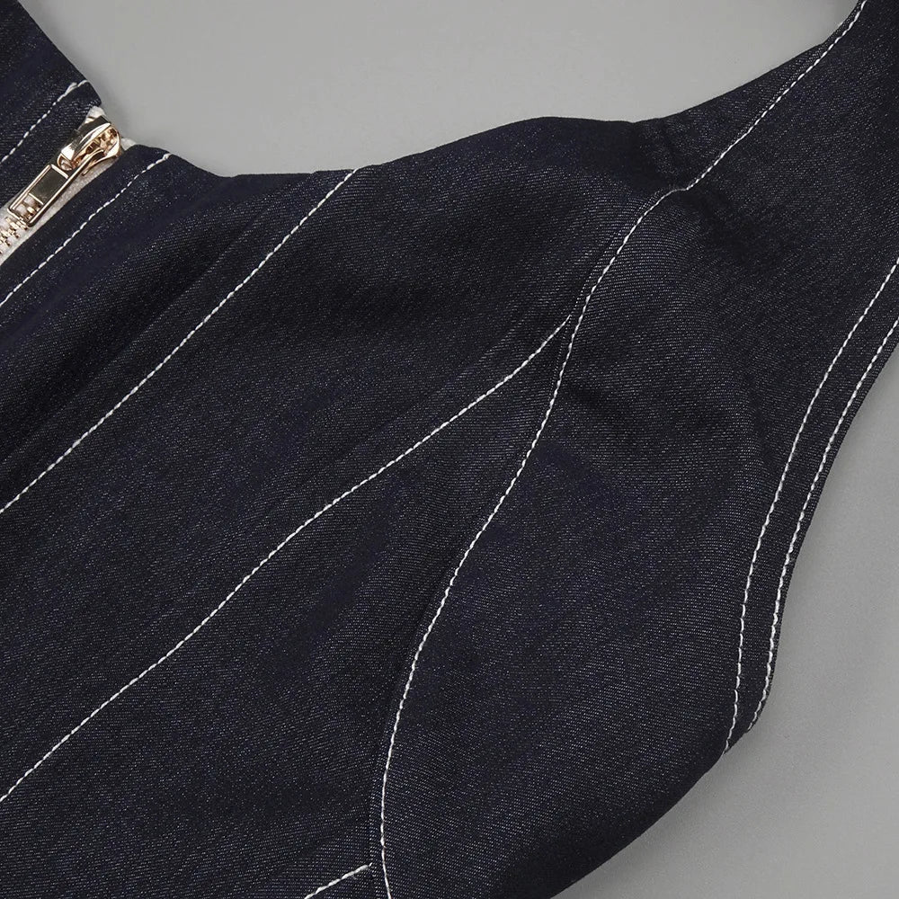 2025 New Women Celebrity Sexy Backless Halter Blue Zipper Denim Maxi Long Gowns Dress Elegant Evening Party Club Vestido