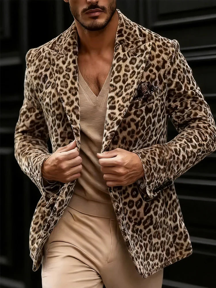 Men's Leopard Print Blazer Single Breasted Slim Fit Tuxedo Jacket Notch Lapel Fashion Party Prom Outerwear