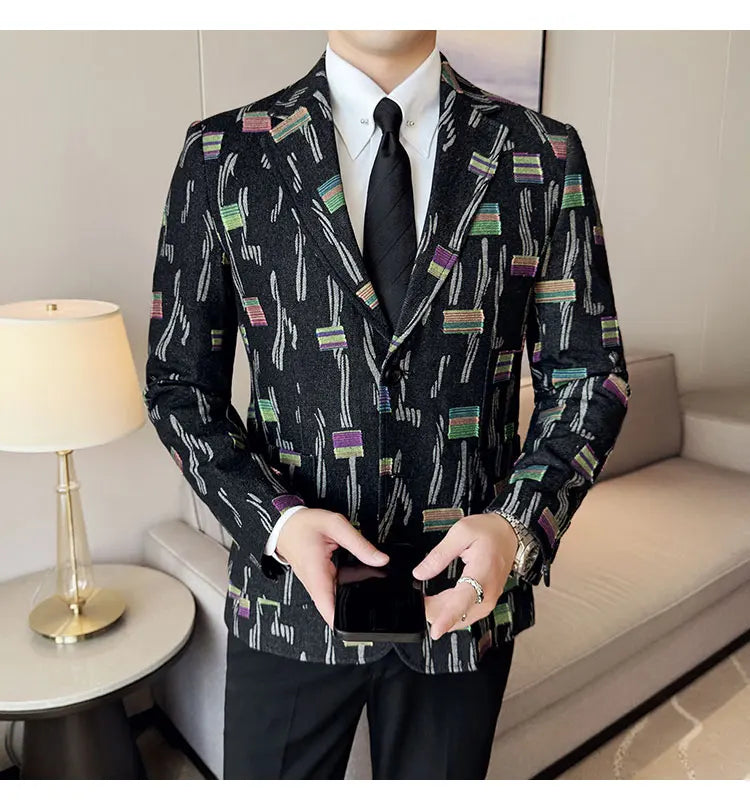 2025 New Luxury Denim Jacquard Suit Coats Men Fashion Slim Fit Suit Casual Business Party Coat Uniform Wedding Social Tailcoat