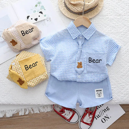 Summer Casual Baby Boy Toddler Causal ClothesPlaid Shirt Tops Pants 2Pcs/Set With Tie Cotton Kids Outfits Clothing Suit