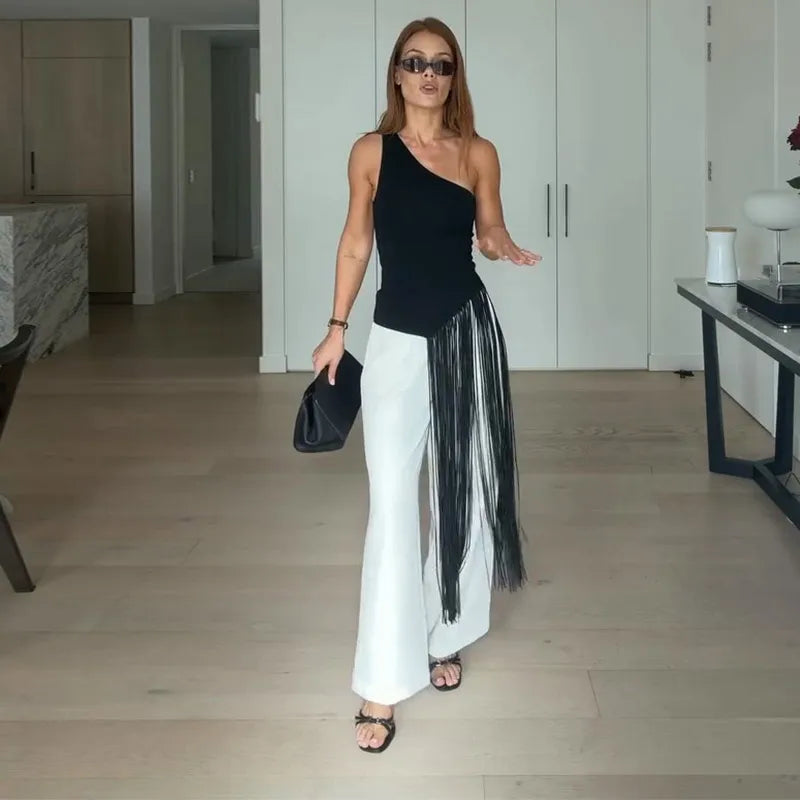 Sexy Tassel Patchwork Women Solid Top Fashion Skew-collar Backless Female Blouse 2026 Spring Summer Asymmetrical Lady Tops