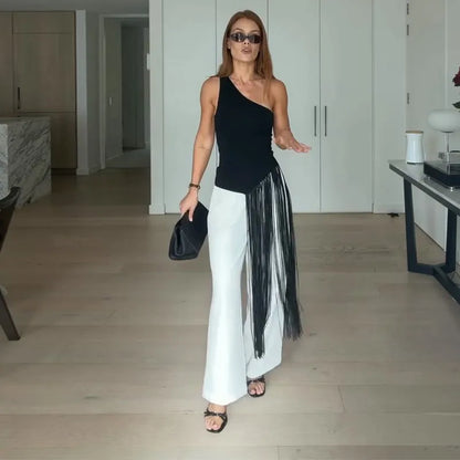 Sexy Tassel Patchwork Women Solid Top Fashion Skew-collar Backless Female Blouse 2026 Spring Summer Asymmetrical Lady Tops
