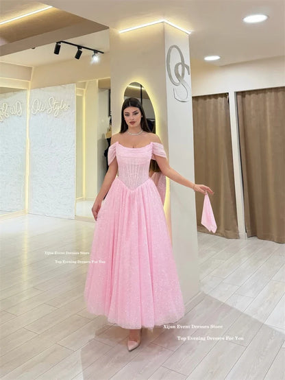 Xijun Glitter Pink Evening Dresses Off The Shoulder A-Line Ankle Length Prom Dresses Formal Ankle Length Prom Gowns Customized