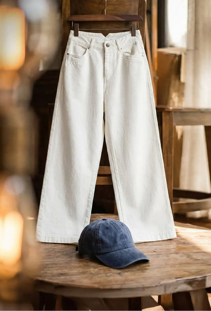 Women's Vintage High Waist Straight Leg Wide Leg Cotton Denim Jeans White Heavyweight Casual Pants For Spring Fall