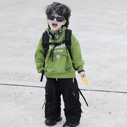 Children's 2026 Spring New Korean Version Boy Fruit Green Pocket Cut Hooded Casual Hoodie Trendy Cool Cargo Pants Two Piece Set