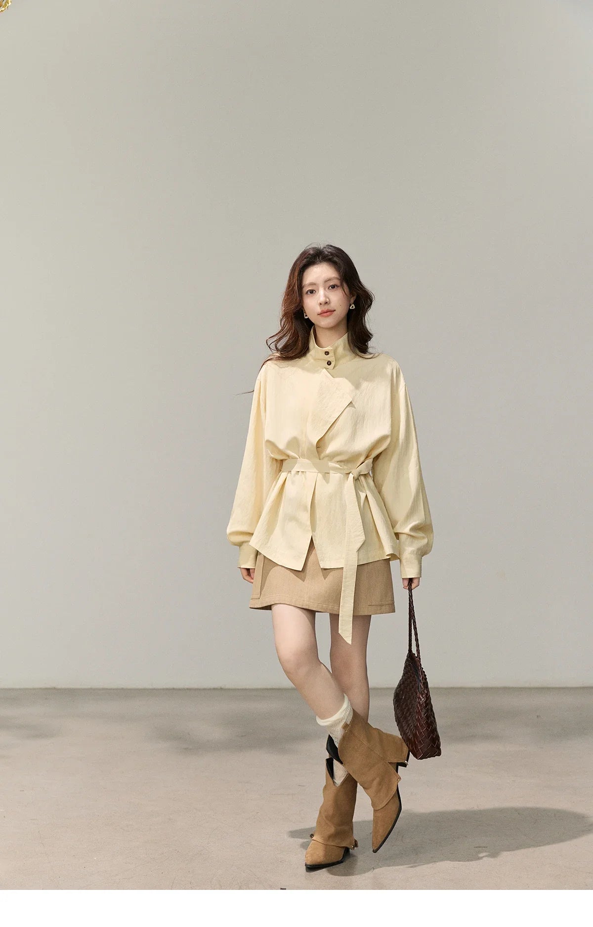 Women's Stand Collar Long Sleeve Shirts Spring Belted Waist Asymmetric Button Tops Casual Loose Solid Shirt MXF13C2459
