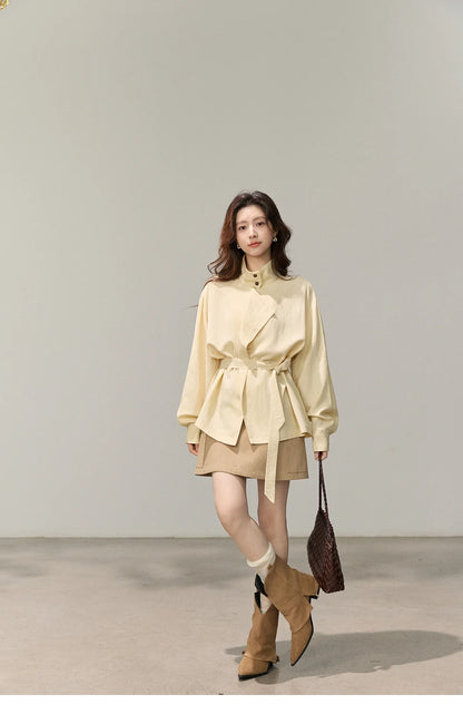 Women's Stand Collar Long Sleeve Shirts Spring Belted Waist Asymmetric Button Tops Casual Loose Solid Shirt MXF13C2459
