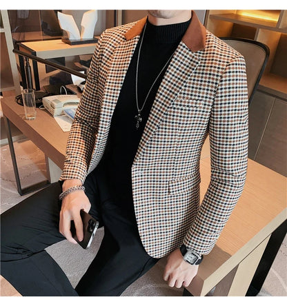 2024 Autumn Winter Korean  Houndstooth Blazer Jackets Fashion Color Matching Lapel Design Casual Men's Plaid Suit Coat Tuxedo