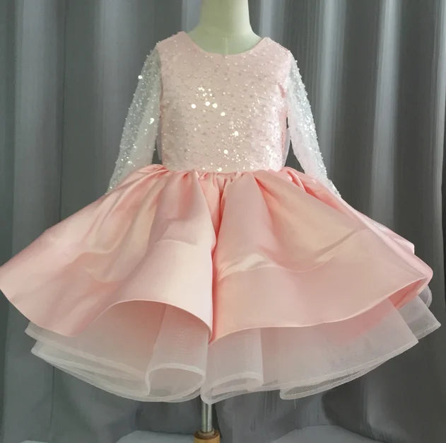 Customized Flower Girl Dresses Ivory Tulle Satin Sequin With Bow Long Sleeve For Wedding Pagant Birthday Holy Communion Gown