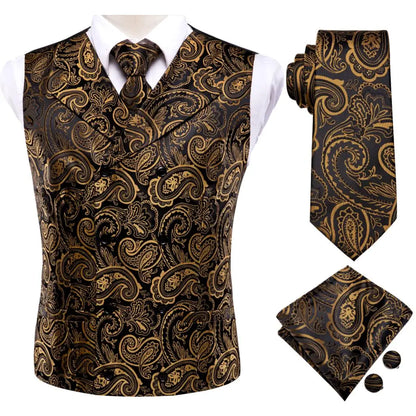 Hi-Tie Black Luxury Paisley Men's Vest Set Hanky Cufflinks For Wedding 100% Silk Vest For Men Gold Waistcoat Yellow Classic Vest