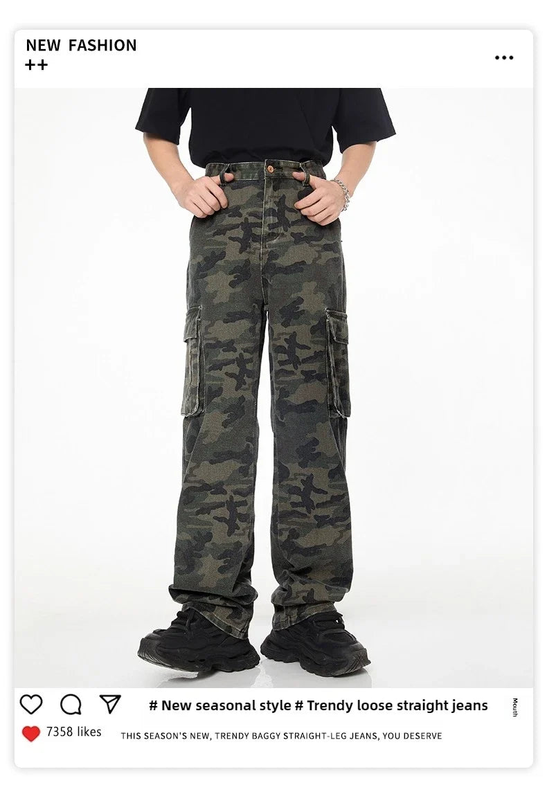 Tall Pants for Slim Thin Skinny Men Y2K Straight Wide Leg Cotton Cargo Pants Camouflage Extra Long Length Trouser Male Vintage
