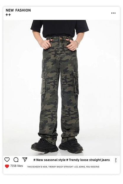 Tall Pants for Slim Thin Skinny Men Y2K Straight Wide Leg Cotton Cargo Pants Camouflage Extra Long Length Trouser Male Vintage