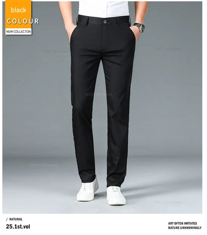 Bamboo Fiber Fabric Men's Casual Pants Summer New Ultra-thin Elastic Soft Straight Business Trousers Classic Black Khaki Gray