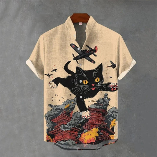 Japanese Animal Graphic Men's Shirt Summer Casual Short Sleeve Tops Hawaiian Tiger Shirts Men Oversized Lapel Button T-Shirt Man