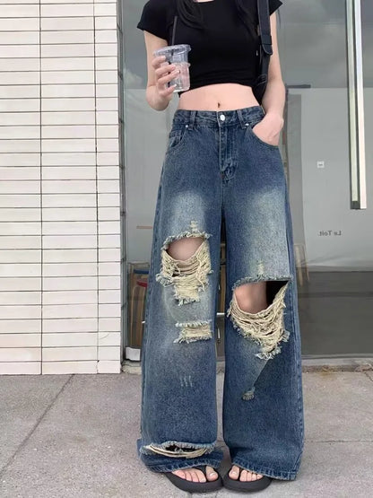 Casual Denim Pant Women Jeans Vintage Straight Trousers Autumn Spring Fashion Female Blue Wide Leg Pants Hole Jeans