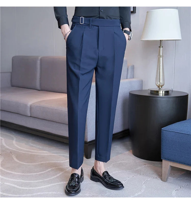 2026 Texture Naples Men's Solid Color Casual Pants Fashion Belt Design Slim Fit Suit Pants Formal Wear Wedding Social Trousers