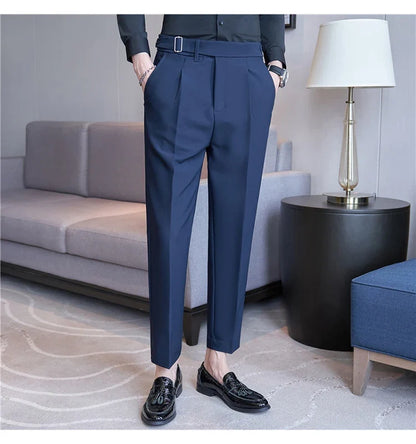2026 Texture Naples Men's Solid Color Casual Pants Fashion Belt Design Slim Fit Suit Pants Formal Wear Wedding Social Trousers