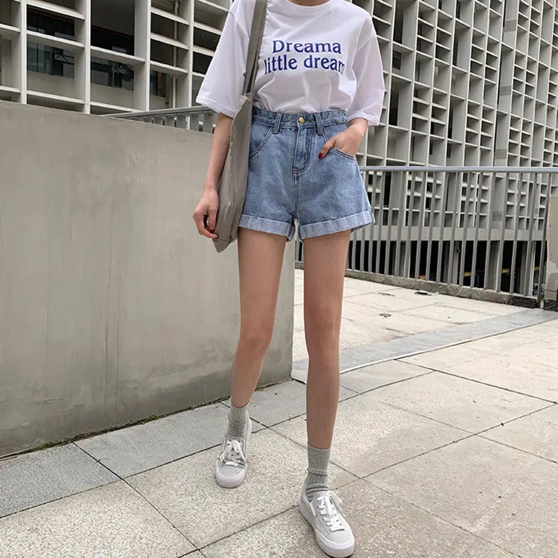 Women's Denim Shorts Wide With Belt High Waist Female Short Jeans Pants Trend 2025 New In Offer Aesthetic Hot Elasticty Outfits