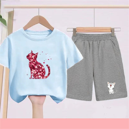 Summer Age 3-12 Girls boy cool breathable Tshirt Children T-shirt+bottom wear Set black 2pcs leisure Kids Set cat Print