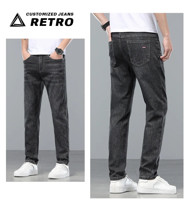  Brand Clothing Spring Summer Slim Men's Jeans Casual Breathable Cotton Fabric Stretch Denim Pants Blue Trousers Male Plus Size