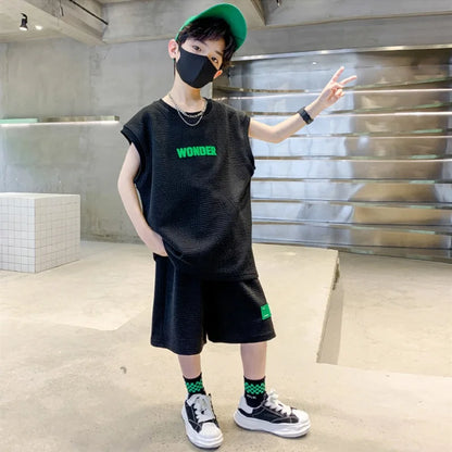 Summer Boys Waffle Alphabet Sleeveless t-Shirt Tops+Short Pants Set School Kids Tracksuit Child 2PCS Outfit Jogger Suit 5-16 Yrs