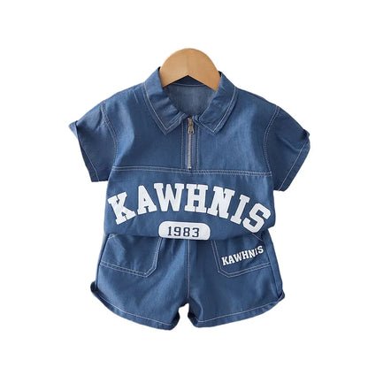 Children Cotton Clothes Summer Child Boy Cartoon Denim Solid Shirt Short 2Pcs/set Infant Kid Fashion Toddler Tracksuit 0-5 Years