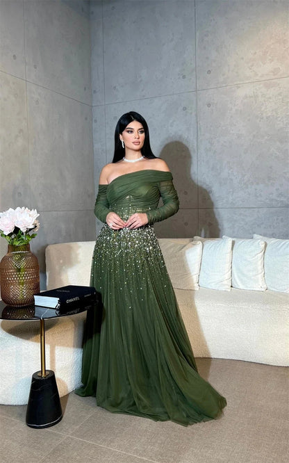 Customized High Quality Sequin Off the Shoulder Empire Party Dress Floor Length Long Ruched Formal Evening Gowns