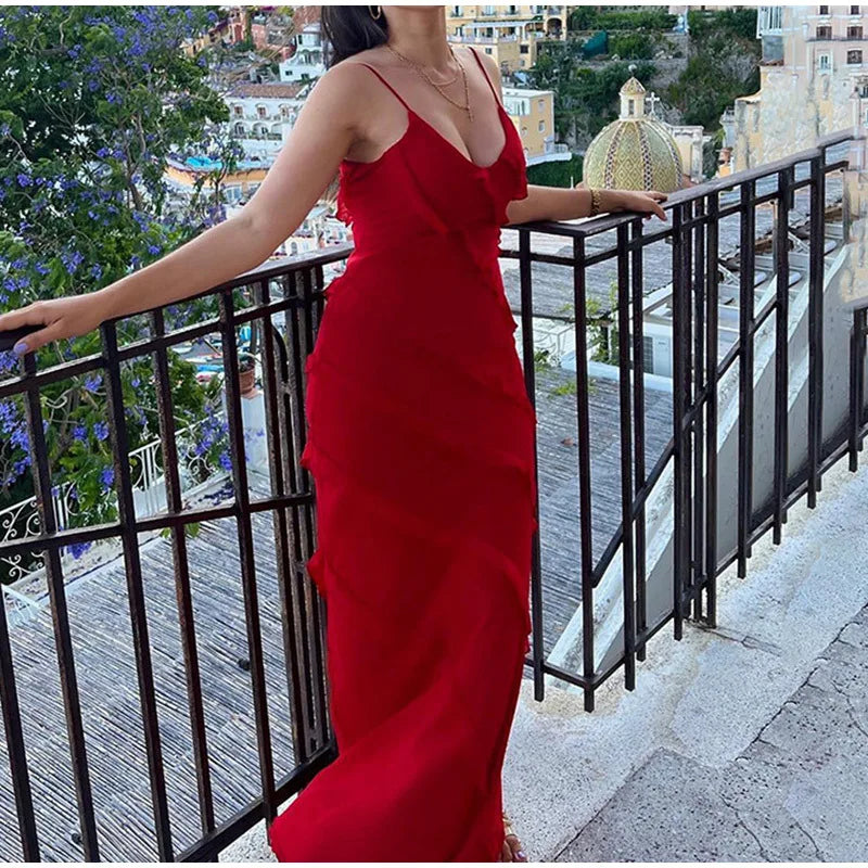 2024 Summer Fashion New Elegant Women's Sexy Chiffon Vacation Style Sling Dress with Ruffle Edge Style Long Dress