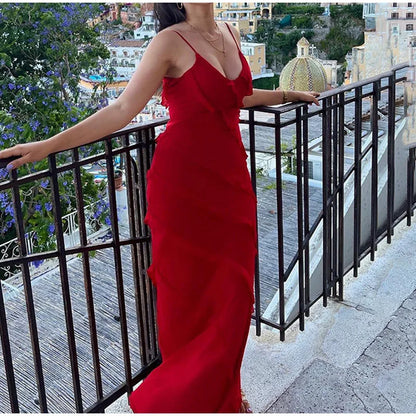 2024 Summer Fashion New Elegant Women's Sexy Chiffon Vacation Style Sling Dress with Ruffle Edge Style Long Dress