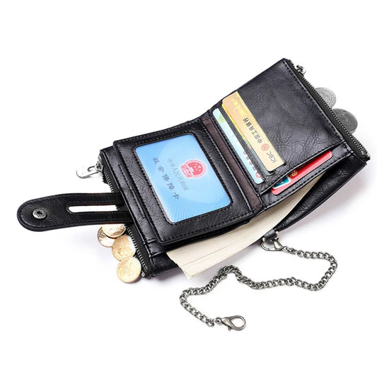 Portefeuille chaîne pour homme, anti-RFID, rétro en cuir, avec double fermeture éclair, porte-monnaie et porte-cartes de crédit pour homme et femme