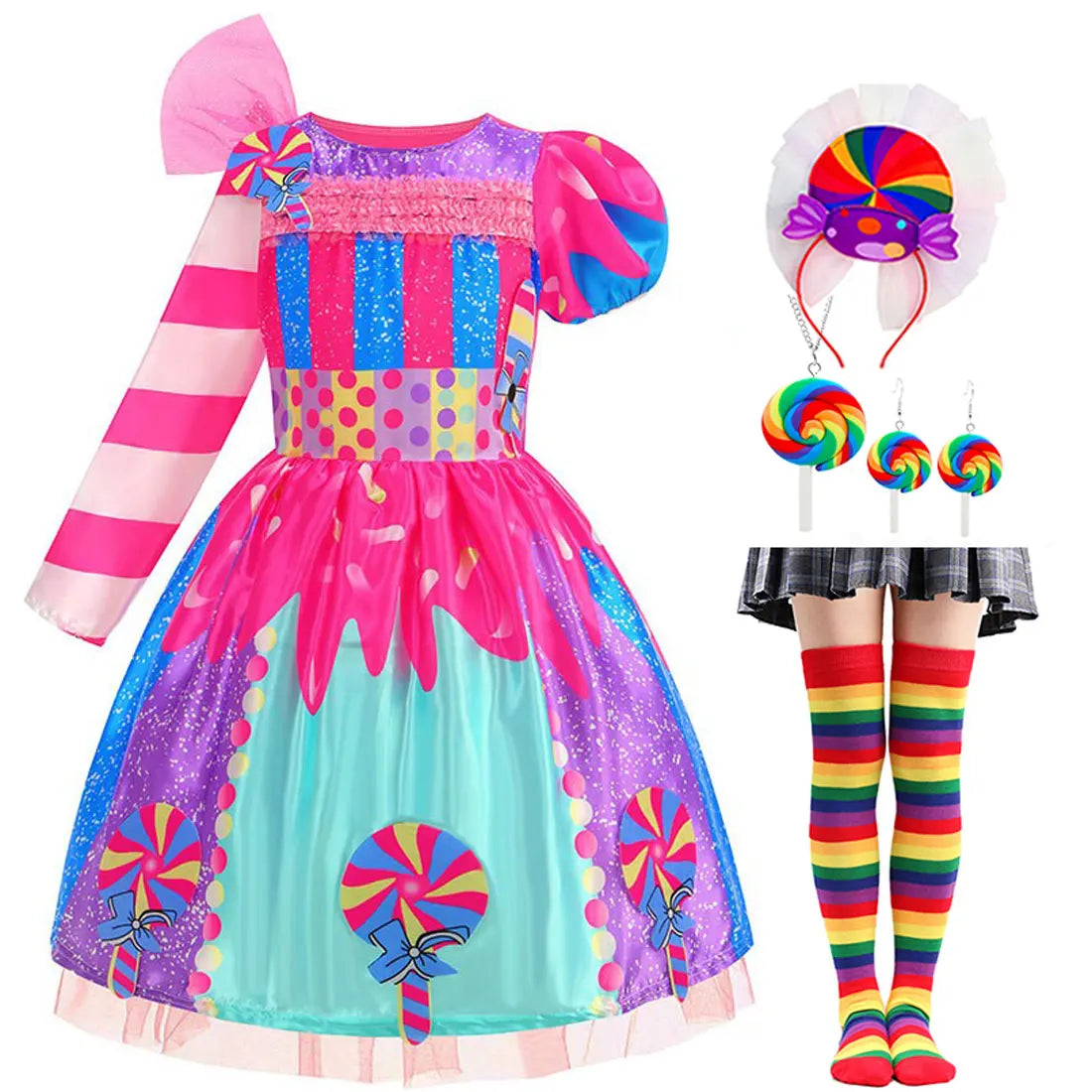Purim Girls Rainbow Vestidos Candy Fairy Lollipop Cosplay Costume Toddler Girls Birthday Party Carnival Long Short Sleeves Dress