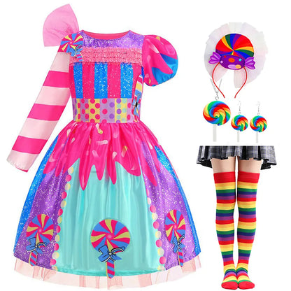 Purim Girls Rainbow Vestidos Candy Fairy Lollipop Cosplay Costume Toddler Girls Birthday Party Carnival Long Short Sleeves Dress