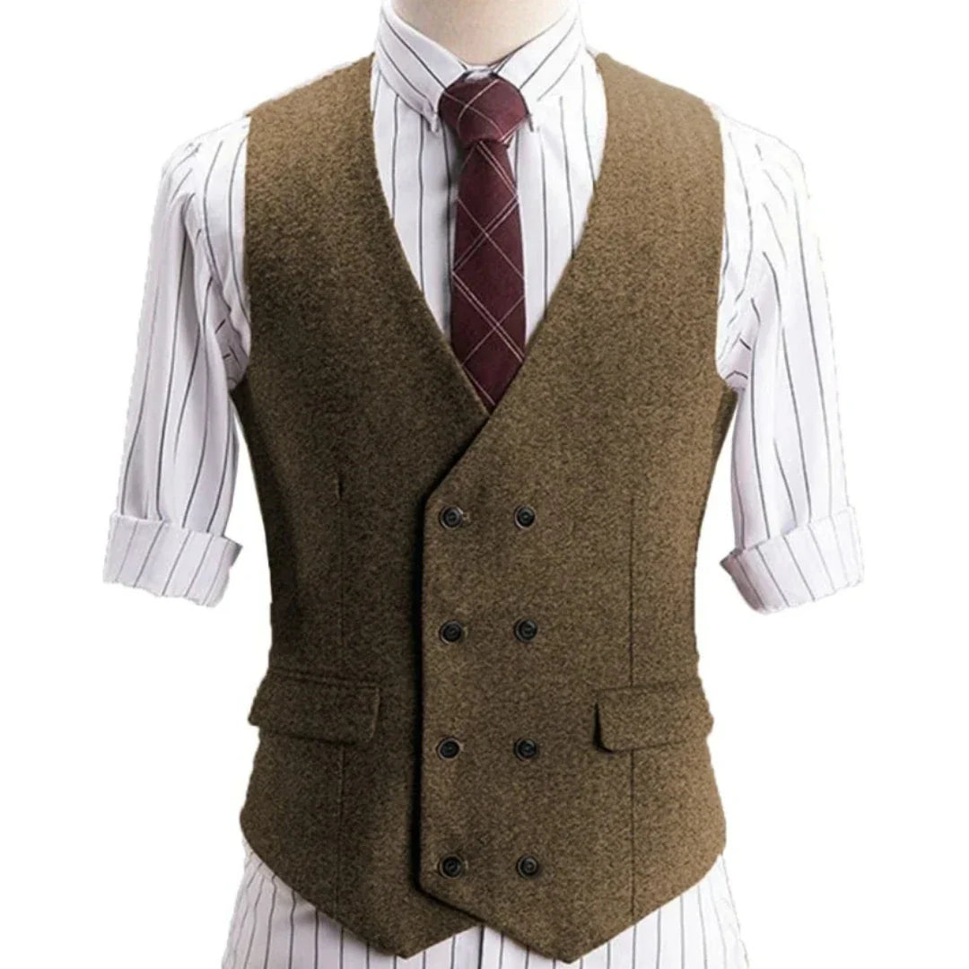 Men Vest Khaki Herringbone Double Button Solid Waistcoat For Wedding Banquet Business Office Work Casual Daily Men Suit Vest