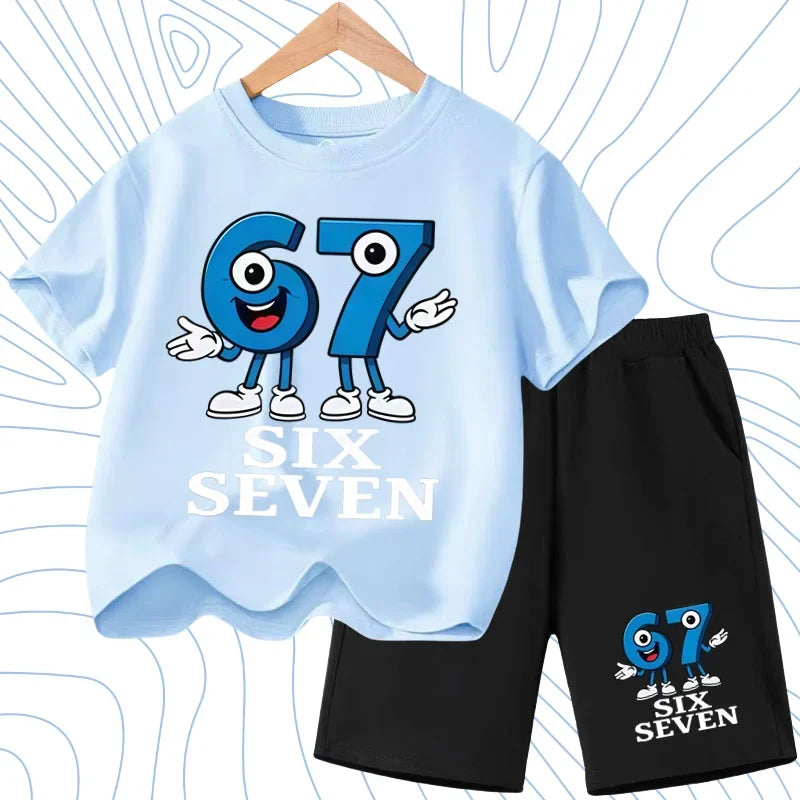 New 67 Number Six Seven Print Kids Cool Summer T-shirt 3-12Yrs Clothes Cartoon Short-sleeved+Shorts Boys Girls Sports Casual Set