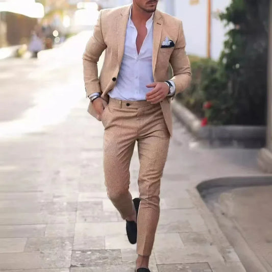 Casual Linen Tuxedo Suits for Men 2 Pieces Blazer and Pants Set Notched Lapel Men's Suit for Wedding Summer Beach Prom Party