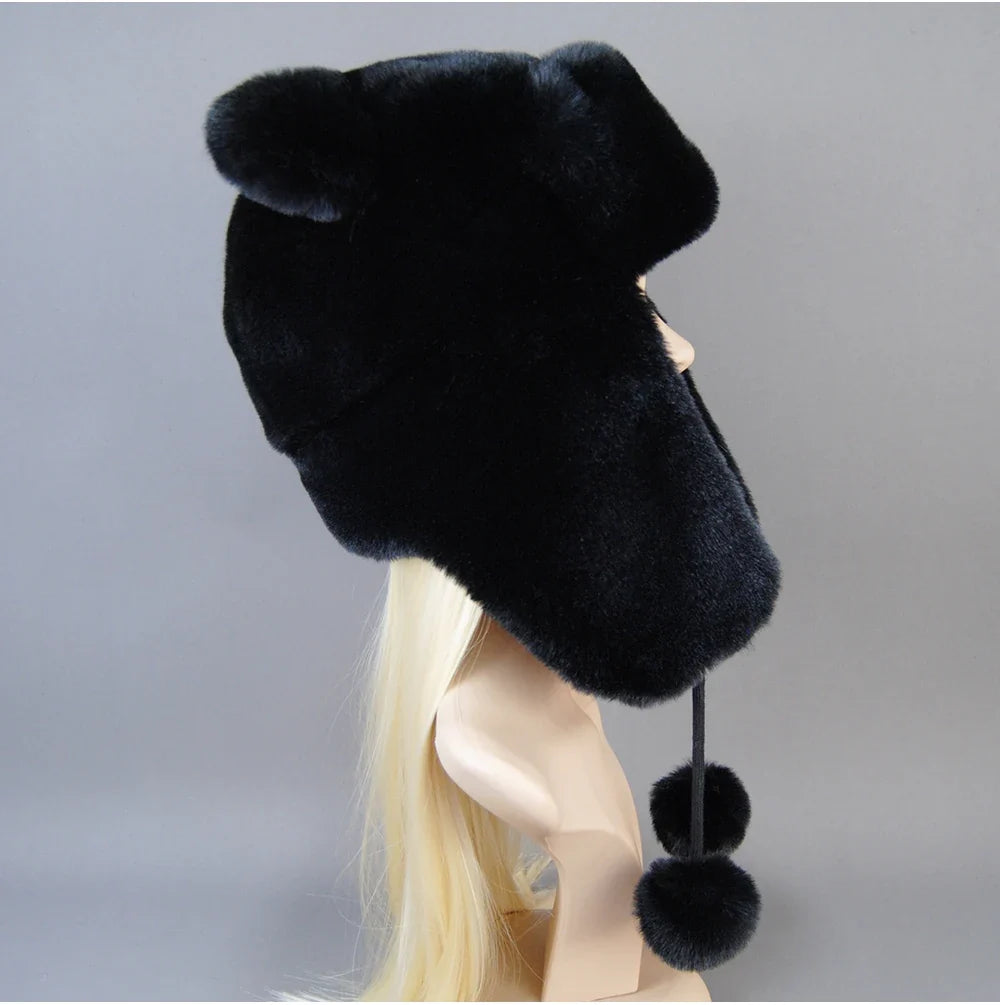 Hot Sale New Women False Rex  Rabbit False Fur Hat Winter Warm Fur Hat Black and White Panda Cute Color Artificial Hat