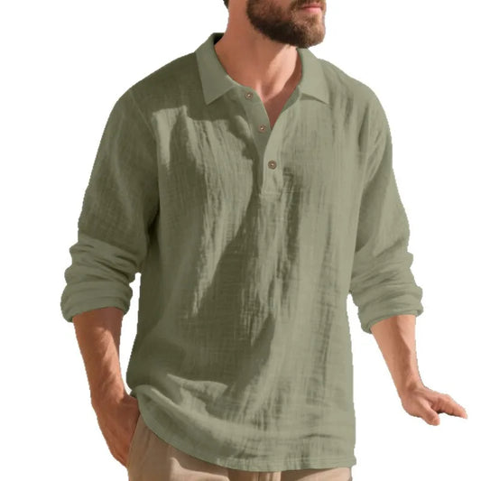 Linen shirt stand-up collar button-down men's loose casual breathable V-neck long-sleeved polo shirt