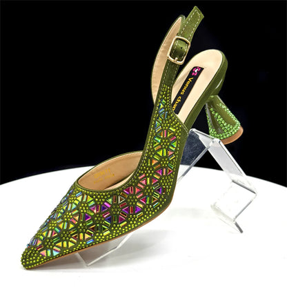 Elegant Black and Gold Pointed-Toe Italian Women's High-Heeled Shoe and Bag Set with Full Diamond Accents – Perfect for Party