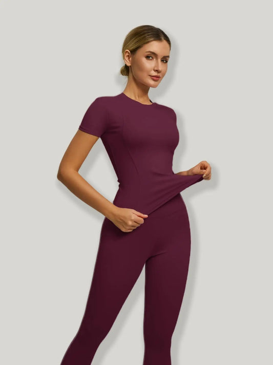 Women's Short Sleeve Sporty Set, High Waist Yoga Pants & T-Shirt Combo, Ideal for Fitness Gym Sculpting Workout
