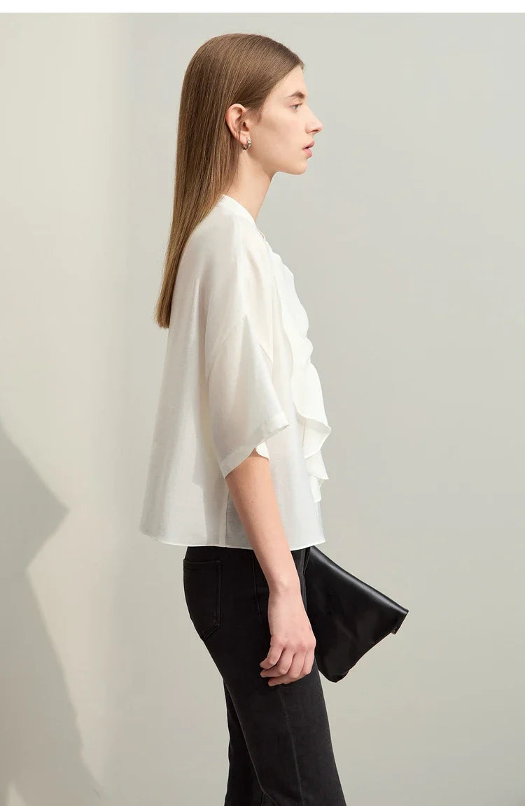 Minimalism 2025 Women Shirt Summer New Commuter Stand Collar Asymmetric Female Blouse Drop Shoulder Loose Tops 12422008