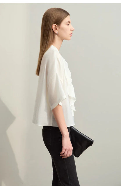 Minimalism 2025 Women Shirt Summer New Commuter Stand Collar Asymmetric Female Blouse Drop Shoulder Loose Tops 12422008