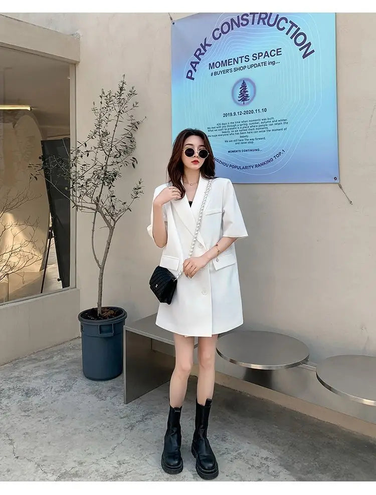 Korean Fashion Loose Thin Blazer Women Spring Autumn New Extra Large Mid Length Short Sleeved Women Coat Casual Outwear