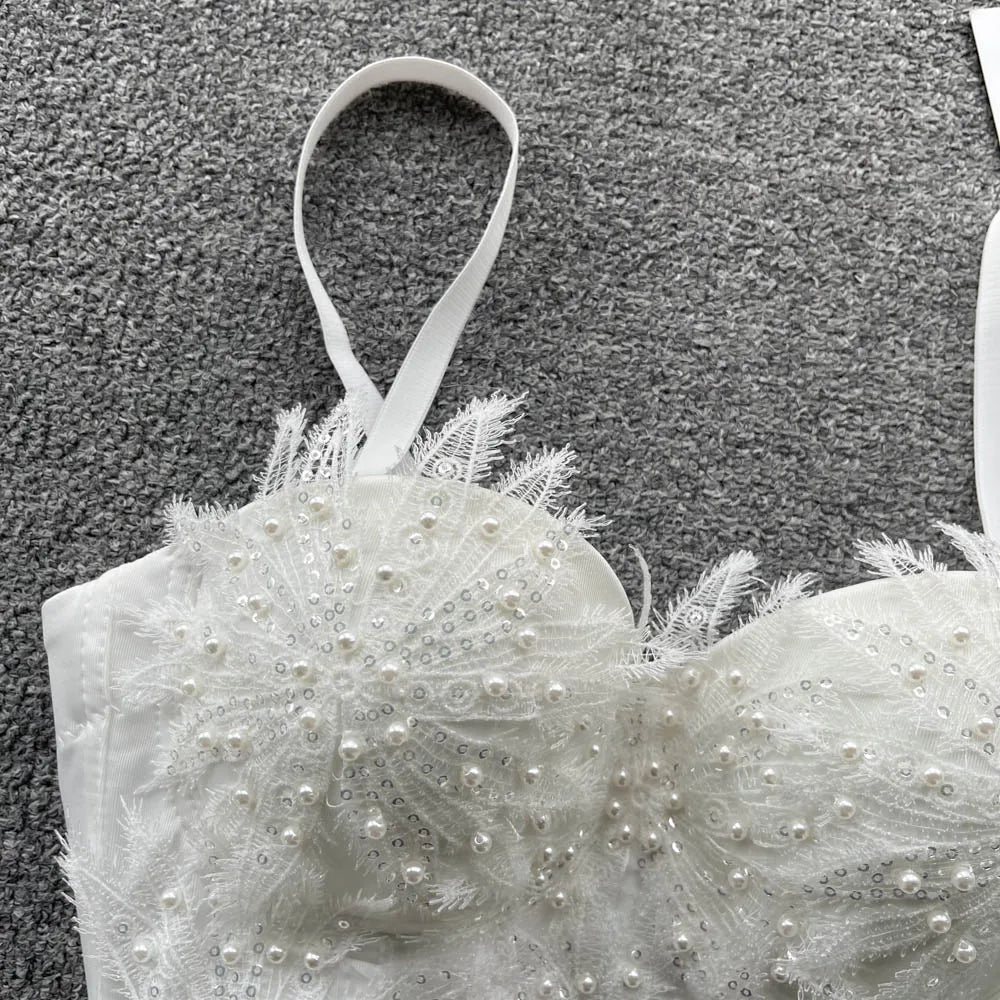 Women Hotsweet Sleeveless Sexy Chest Cushion Lace Backless Embroidered Beads Slim Straps Camis Top High Street Autumn Clothing