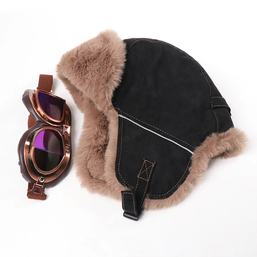 Retro Unisex Aviator Trapper Hat Faux Fur Thick Warm With Goggles Earflap Winter Cap For Cycling Outdoor Cold Protection