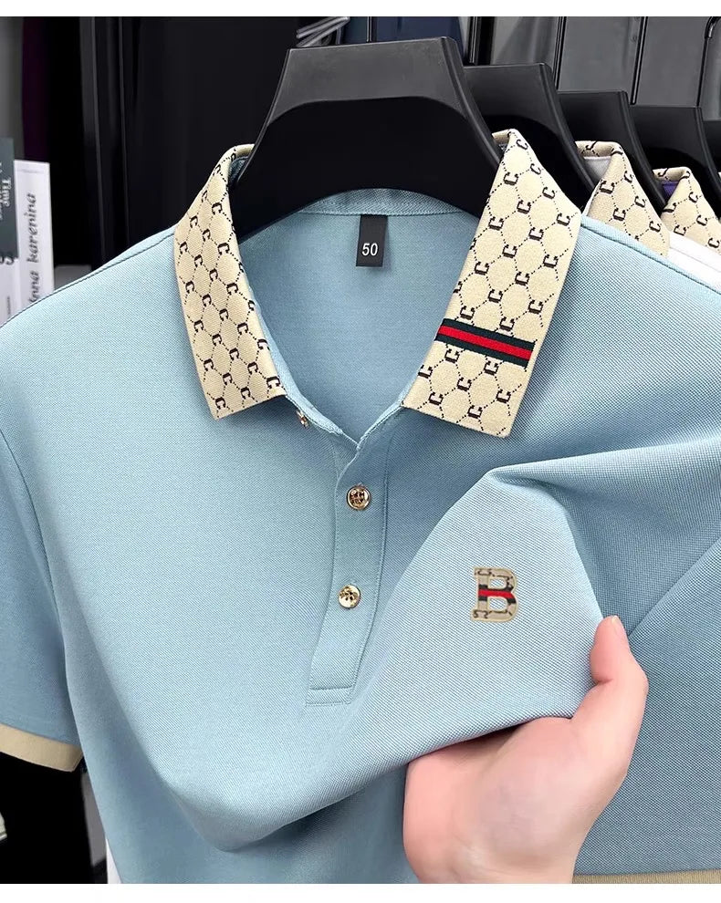 Luxury brand B letter embossed short sleeve polo shirt men summer lightweight breathable new fashion color blocked lapel T-shirt