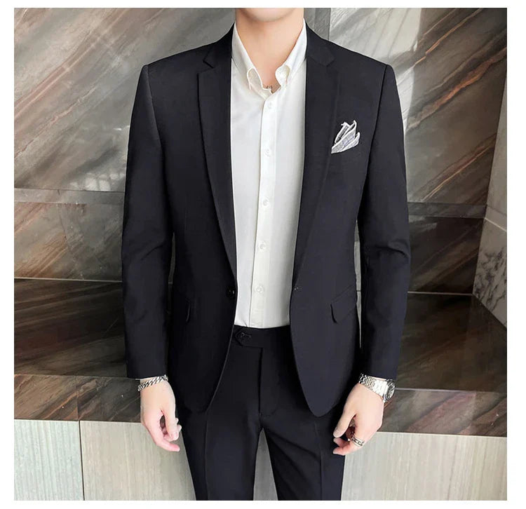 Men's Stylish Handsome Solid Color Suit Two-Piece Set M-4XL High Quality Formal Casual Banquet Fit Trousers Included