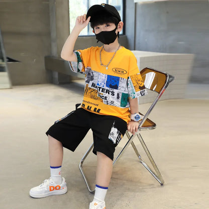 Summer Boys Cotton Alphabet Picture Printed T-Shirt Tops+Shorts School Kids Tracksuit Children 2PCS Outfit Workout Set 3-16 Yr