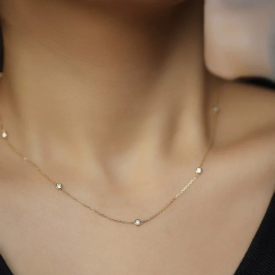 100% S925 Sterling Silver Round Zircon Bead Necklace for Women Gold Silver Color Korea Clavicle Chain Necklace Trendy Jewe