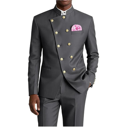 Men's Chinese Style Suit 2 Piece Brown Mandarin Collar Double Breasted With Gold Buttons Formal Jacket Pants For Business Weddin