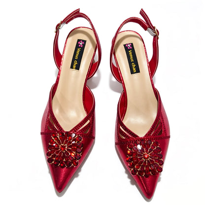 Shiny Red Color Shoes and Bag Elegant Handbags and Medium Heel Shoes Beautiful Handmade Shoes for Wedding Party